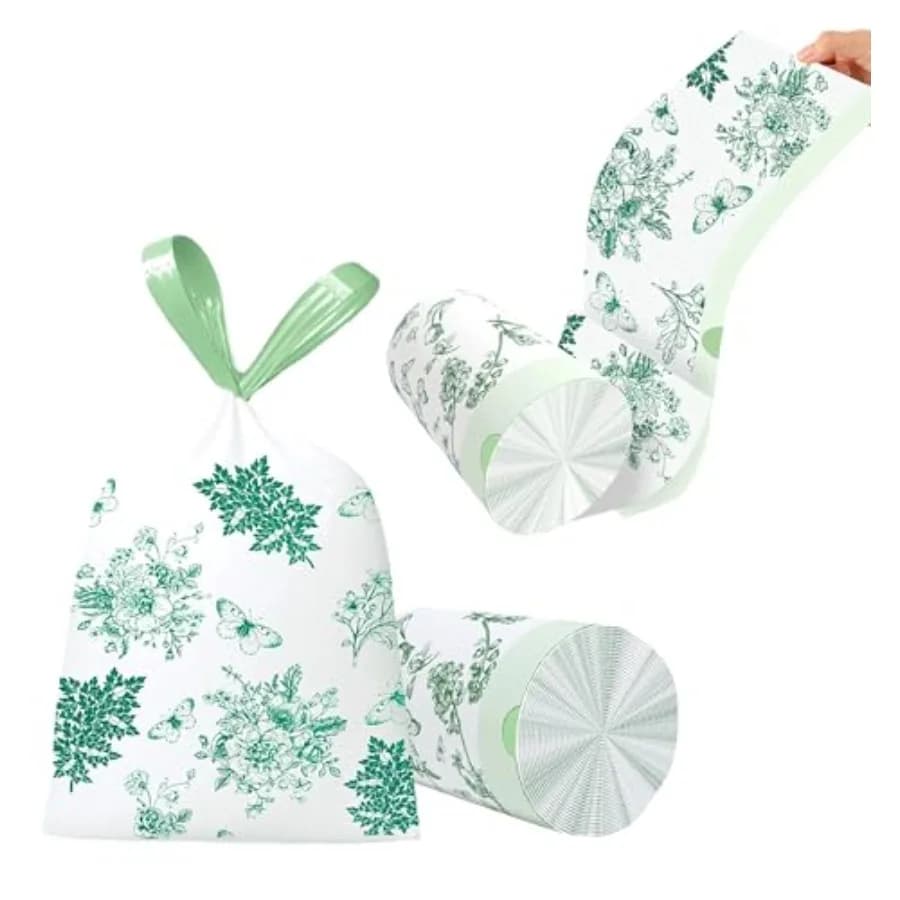60pcs 4 Gallon Trash Bags Drawstring Tear-Free for Bathroom Office Home Bedroom Trash Can with Green Printed Garbage Basket Bag
