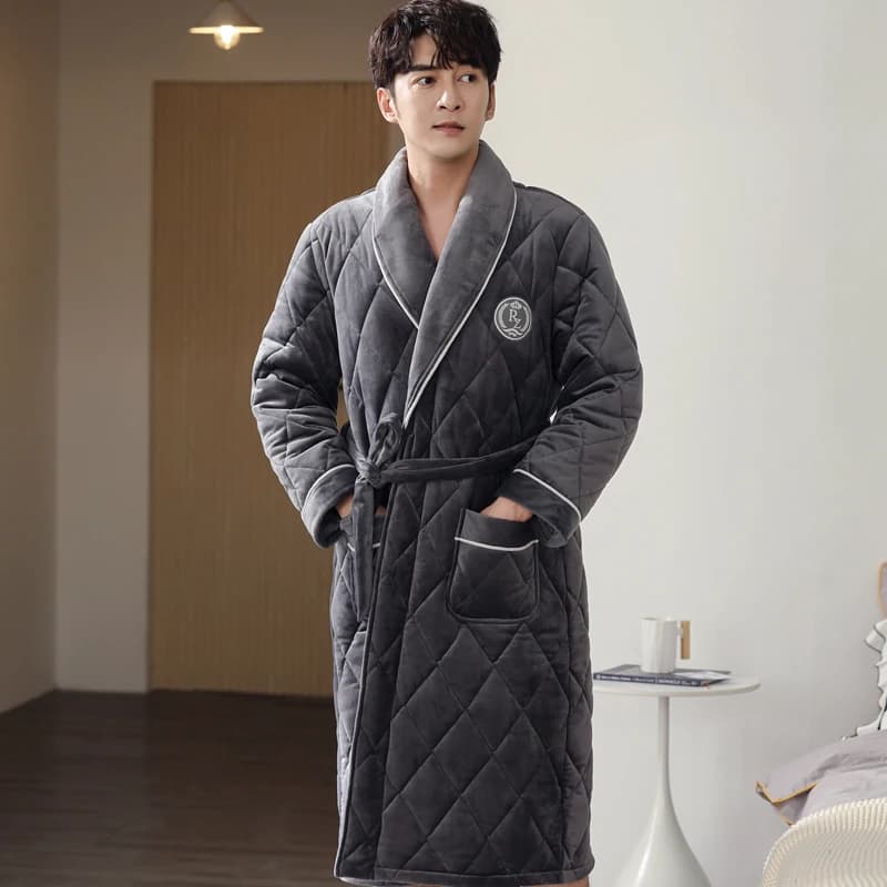 Nuovi Uomini di Inverno 3 Strati Coral Feece Accappatoio Trapuntato Solido Manica Lunga Kimono Accappatoio Abito Casual Vestiti A Casa Maschile Usura di Sonno