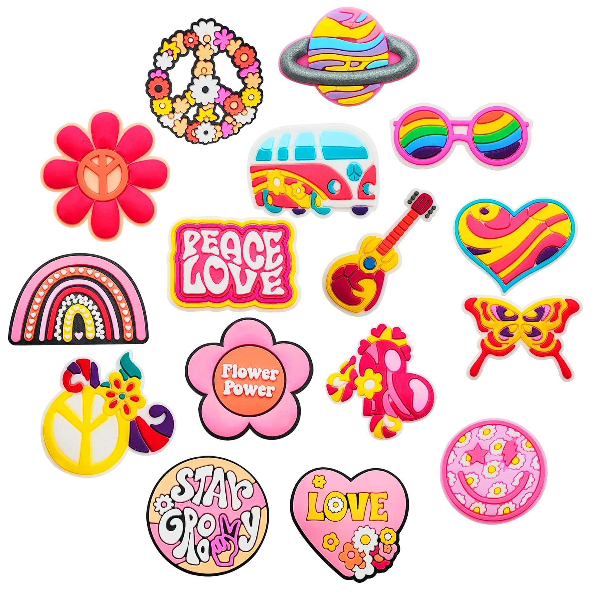 Fiore adorabile Peace Love Ciondoli per scarpe in PVC Zoccoli Scivoli a bolle Sandali Decorazioni per scarpe in PVC Accessori per borse da spiaggia Regali per amici