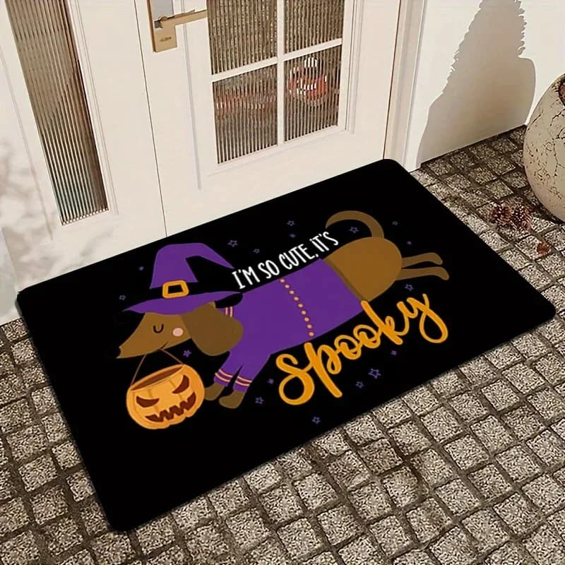 Adorable Halloween Dachshund Mat – Witch Dog with Pumpkin, "It's So Cute It’s Spooky" Design, Soft Black Floor Mat