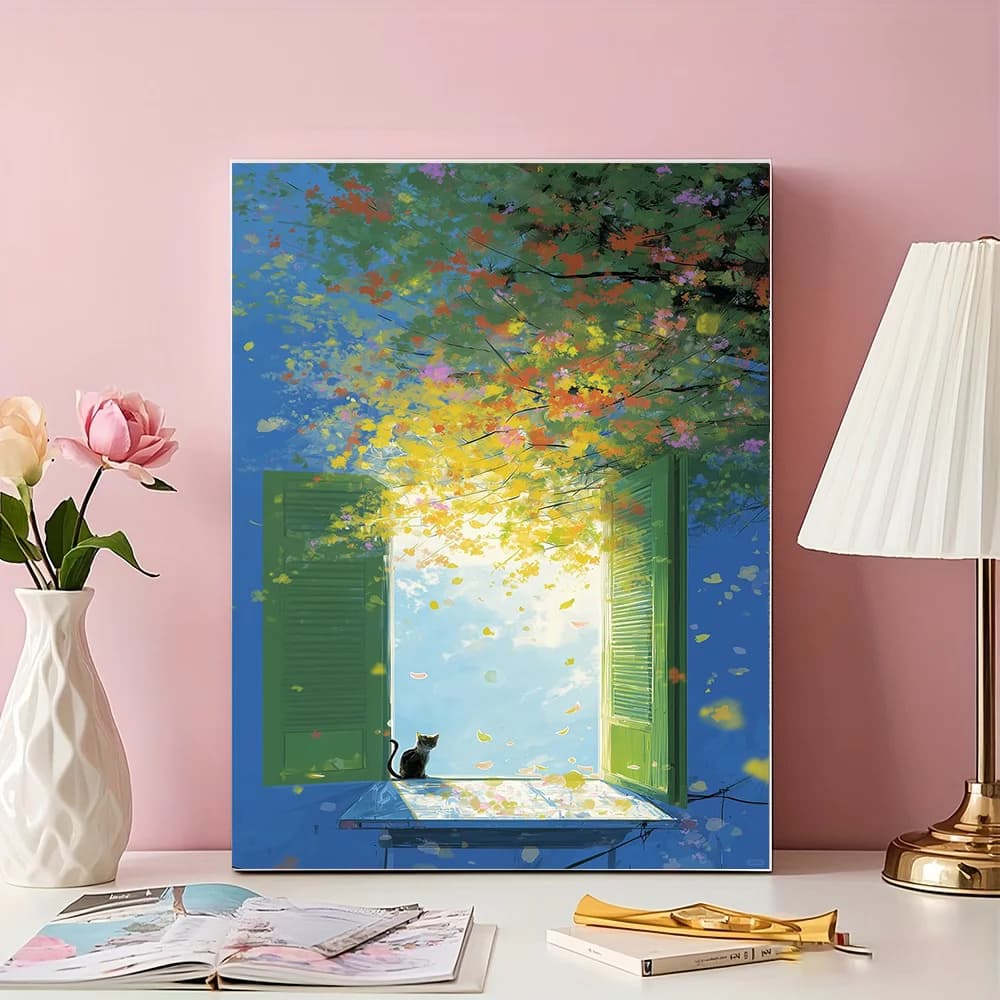 Diamond Painting Aesthetic Black Cat by Window Under Colorful Autumn Tree Diamonds Mosaic Handmade Art Exquisite Gift Home Decor