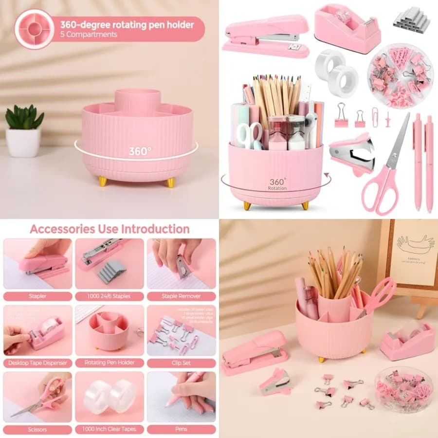 Set di Accessori da Scrivania 10 Pezzi, Portapenne Girevole, Cucitrice, Dispositivo per Rimuovere Graffette, Dispenser di Nastro Adesivo, 2 Ricariche di Nastro, Carta per Raccoglitori