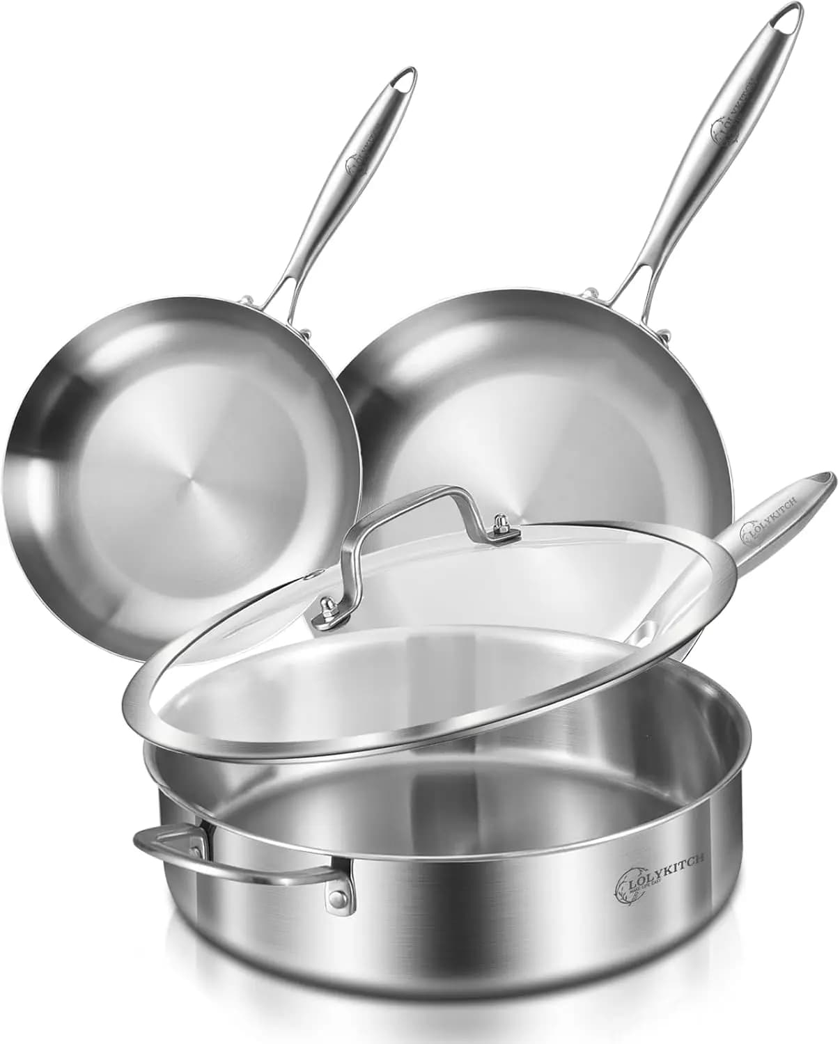 Set di Padelle in Acciaio Inox Tri-Ply da 8-10 Pollici con Padella per Saltare da 6 QT, Manico Staccabile, Adatte per Induzione, Lavabili in Lavastoviglie