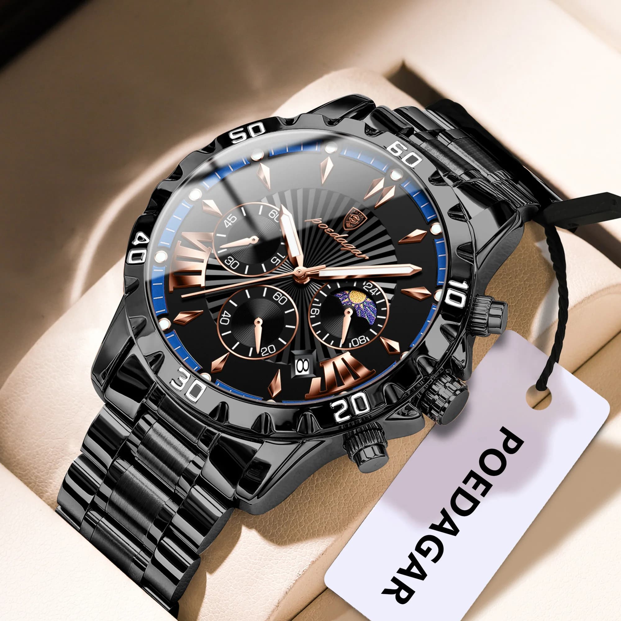 POEDAGAR Orologio da uomo di lusso Cronografo luminoso impermeabile Data Orologio da polso da uomo al quarzo Orologi da uomo di moda in acciaio inossidabile Reloj
