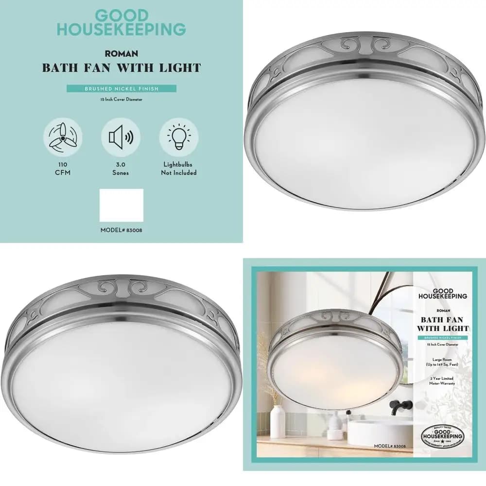 Ventilatore da Bagno con Luce e Luce Notturna, 110 CM, 3.0 Sones, Finitura Nichel Spazzolato