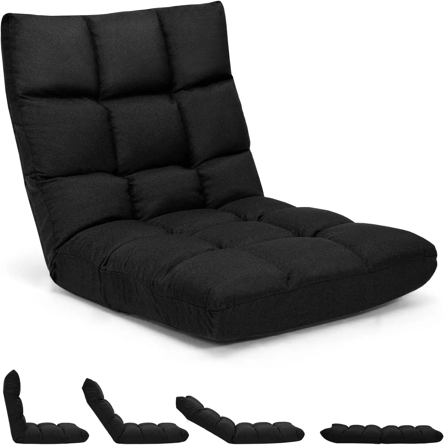 Poltrona da Terra Regolabile a 14 Posizioni in Memory Foam, Divano Pieghevole per Gaming, TV, Lettura e Relax in Nero