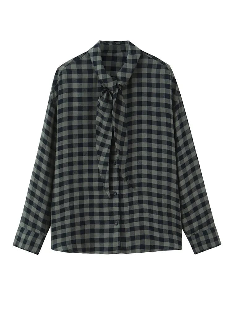 Camicia da Donna HH Primaverile Nuova Moda Versatile con Colletto a Sciarpa a Quadretti, Maniche Lunghe, Stile Casual Urbano con Bottoni