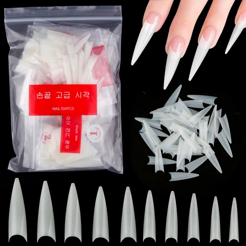 1 borsa (600 pezzi) punte per unghie per pratica a spillo naturale 10 dimensioni mezza copertura punta acrilica finta estensione gel UV stampa sulle unghie strumento per manicure