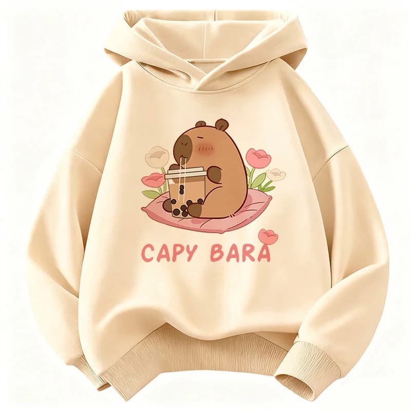 Kawaii Capybara Drinking Juice Hoodie Kids Flower Children's Sweatshirt Hoody for Boys Girls Casual Hoodies Clothes