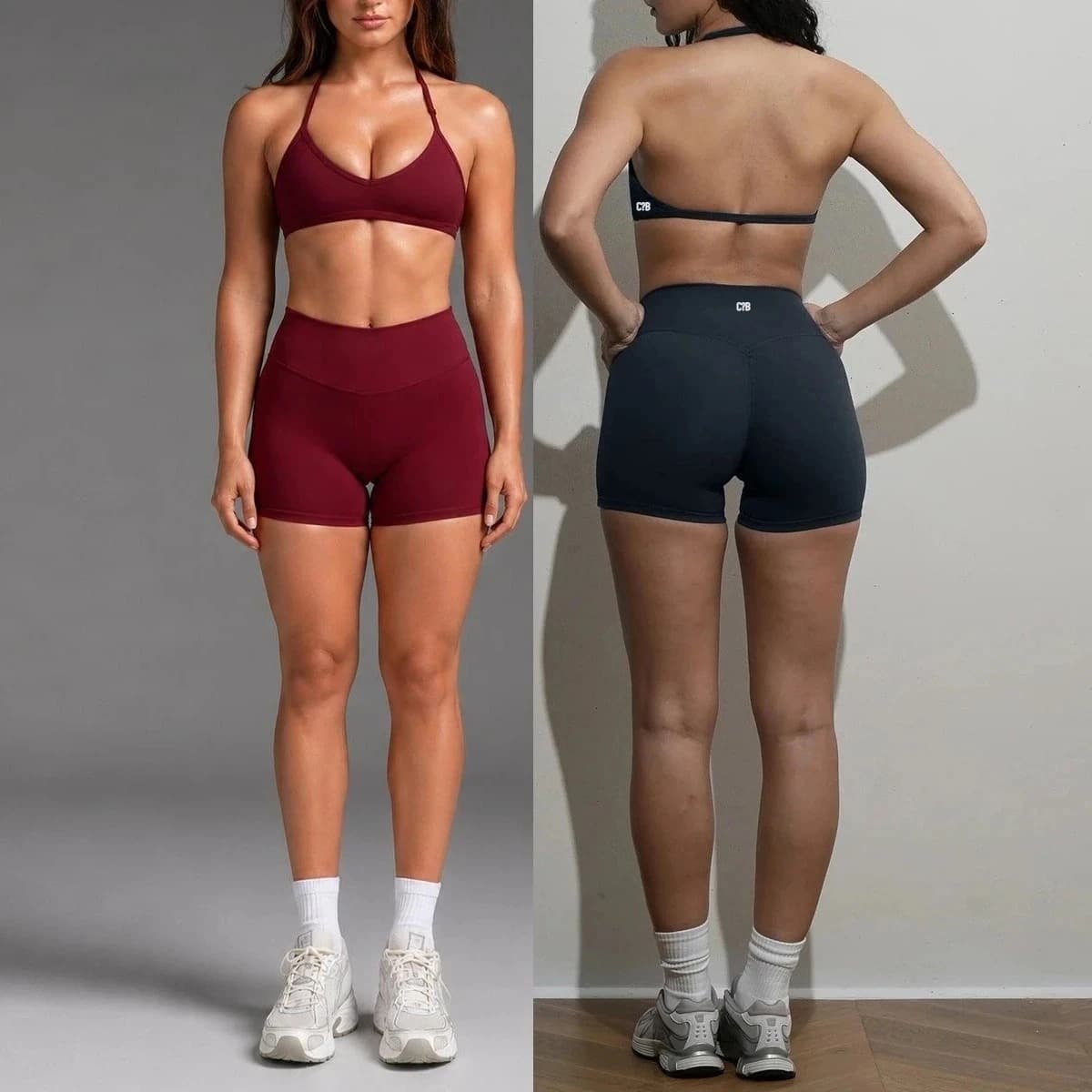 C-B Women Thin Strap Backless Sports Bra High Waist Tummy Control Yoga Shorts Stretch Gym Running Fitness Matching 2Pcs Outfit