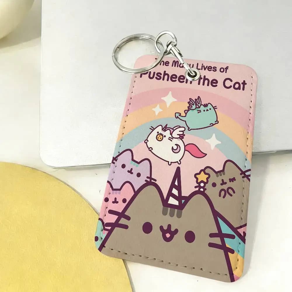 kawaii Cute P-P-PusheenS Virtual cat Holder Keychain With Keychain for Access Card Bus Pass & Card Credit ID Card Case