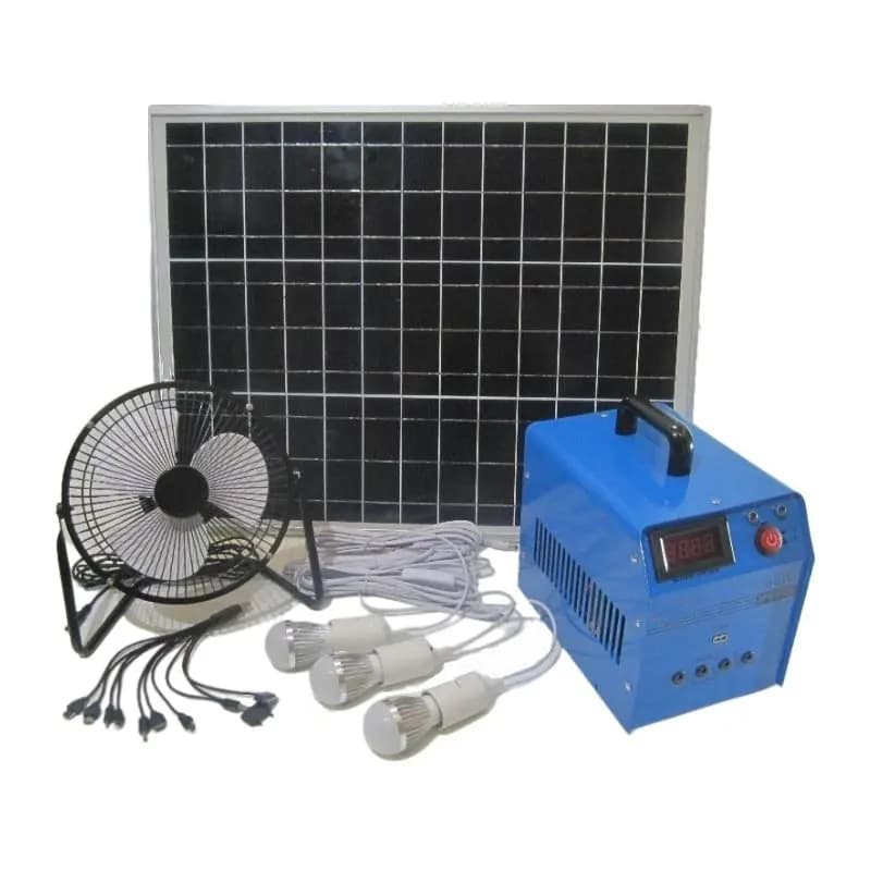Kit Stazione di Energia Solare Portatile con Pannello Solare da 30W, Sistema Solare con 3 Lampadine LED e Ventilatore DC
