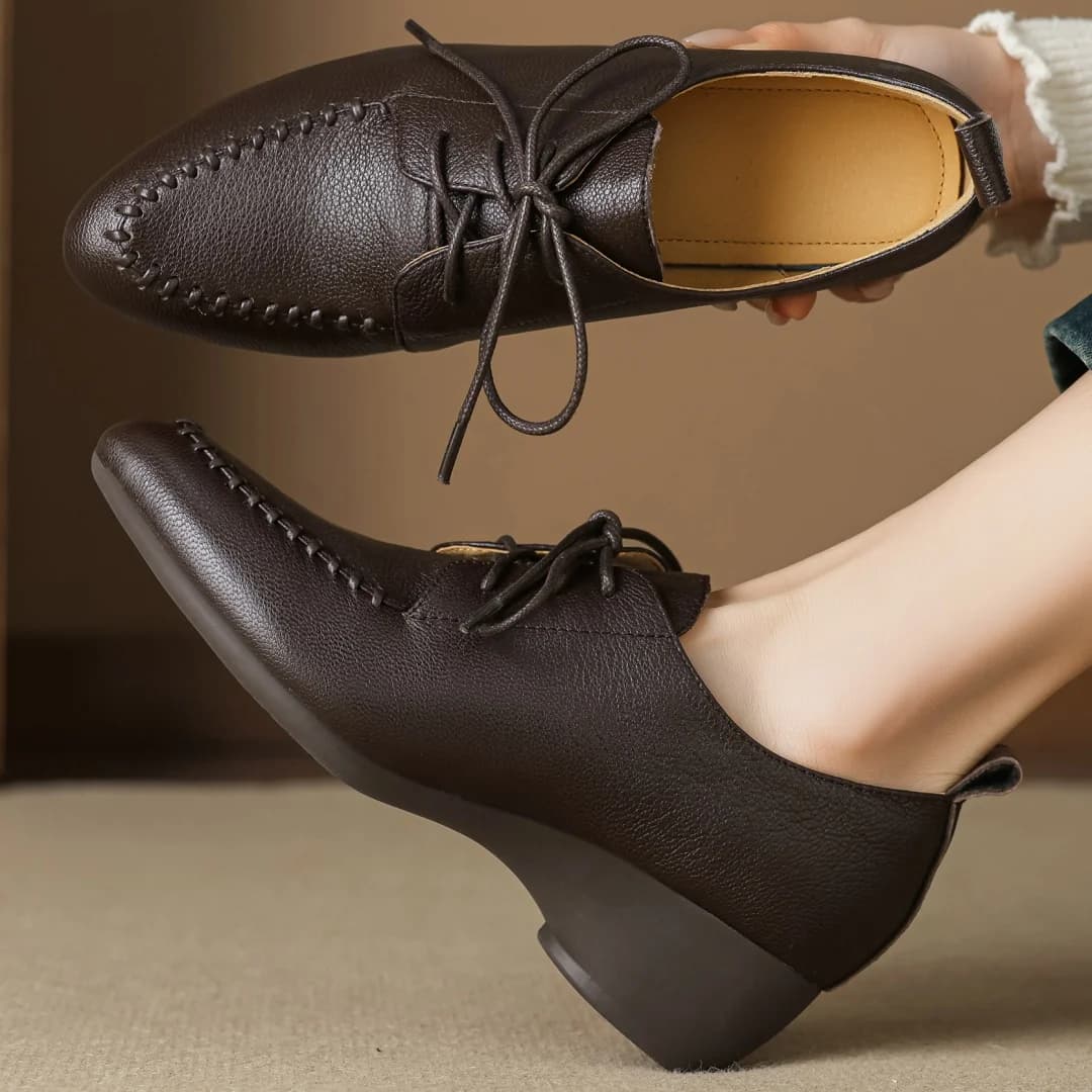 Danxuefei 2026 Nuove Scarpe da Donna in Pelle di Pecora con Punta Tonda e Lacci, Tacco a Zeppa 4cm, Stile Casual e da Ufficio