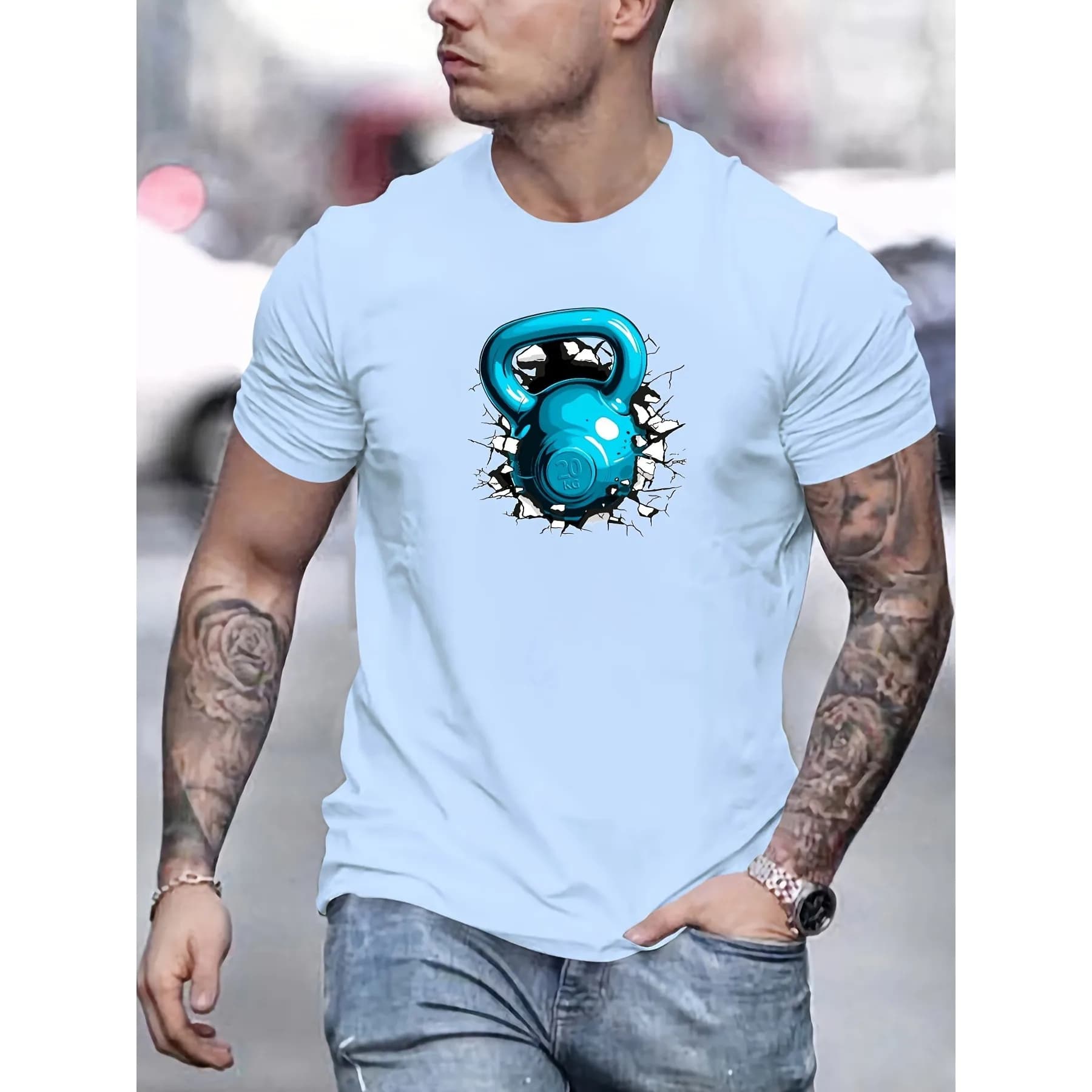 Creative Kettlebell Graphic Print Men's Casual Round Neck Short Sleeve T-Shirt Comfy Summer Top