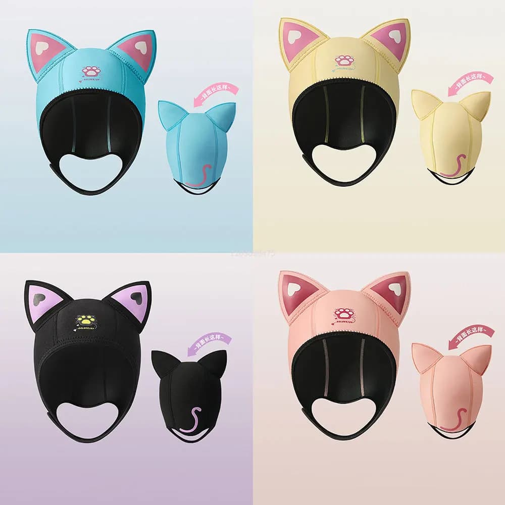 Women's Diving Hood with Subgola Cat Earrings Women's Cute Solar Protection Baby Diaper Apnea Nuoto Snorkeling Caps