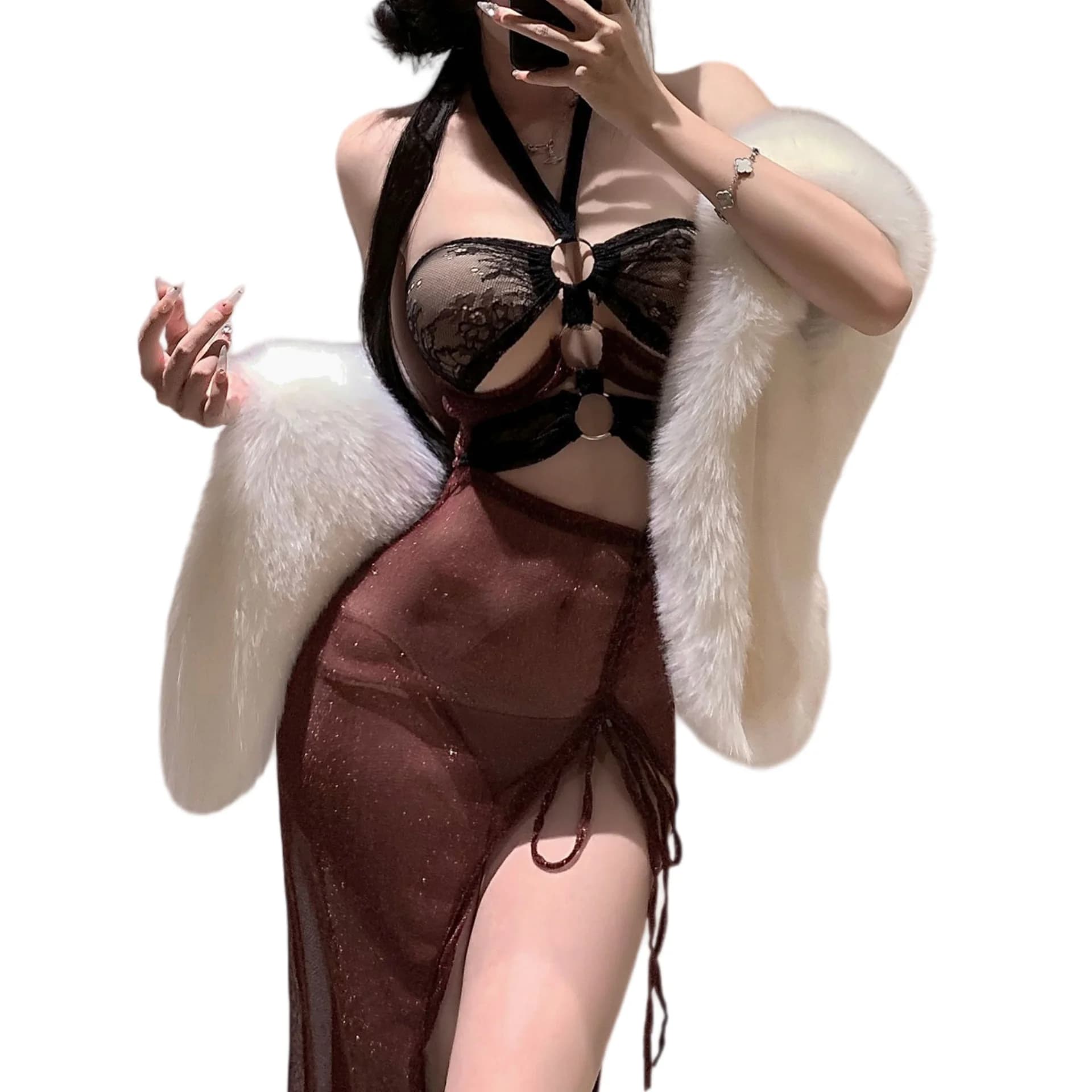 Yumeng Hongji Exotic Style Ancient Style Skirt Slit Sexy Lingerie Glass Gauze Perspective Neck Hanging Hanfu Women's Pajamas