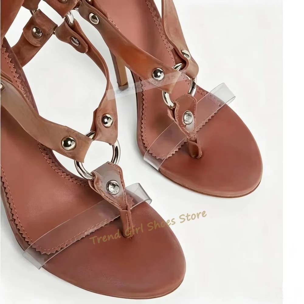 Sandali con tacco a spirale e lacci, con fascia a T e punta aperta, tacco medio sottile, tinta unita, estivi, da donna, sopra il ginocchio, nuovo stile