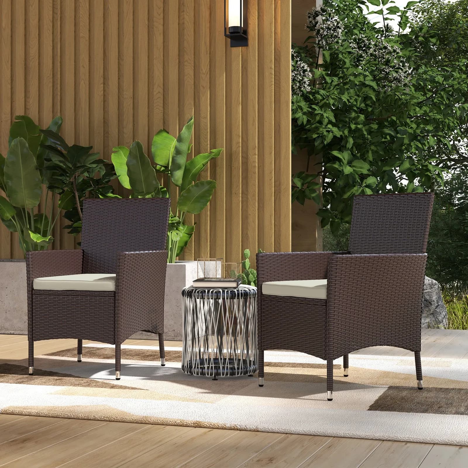 2 dining chairs with wicker and rattan armrests for patio, with cushions
