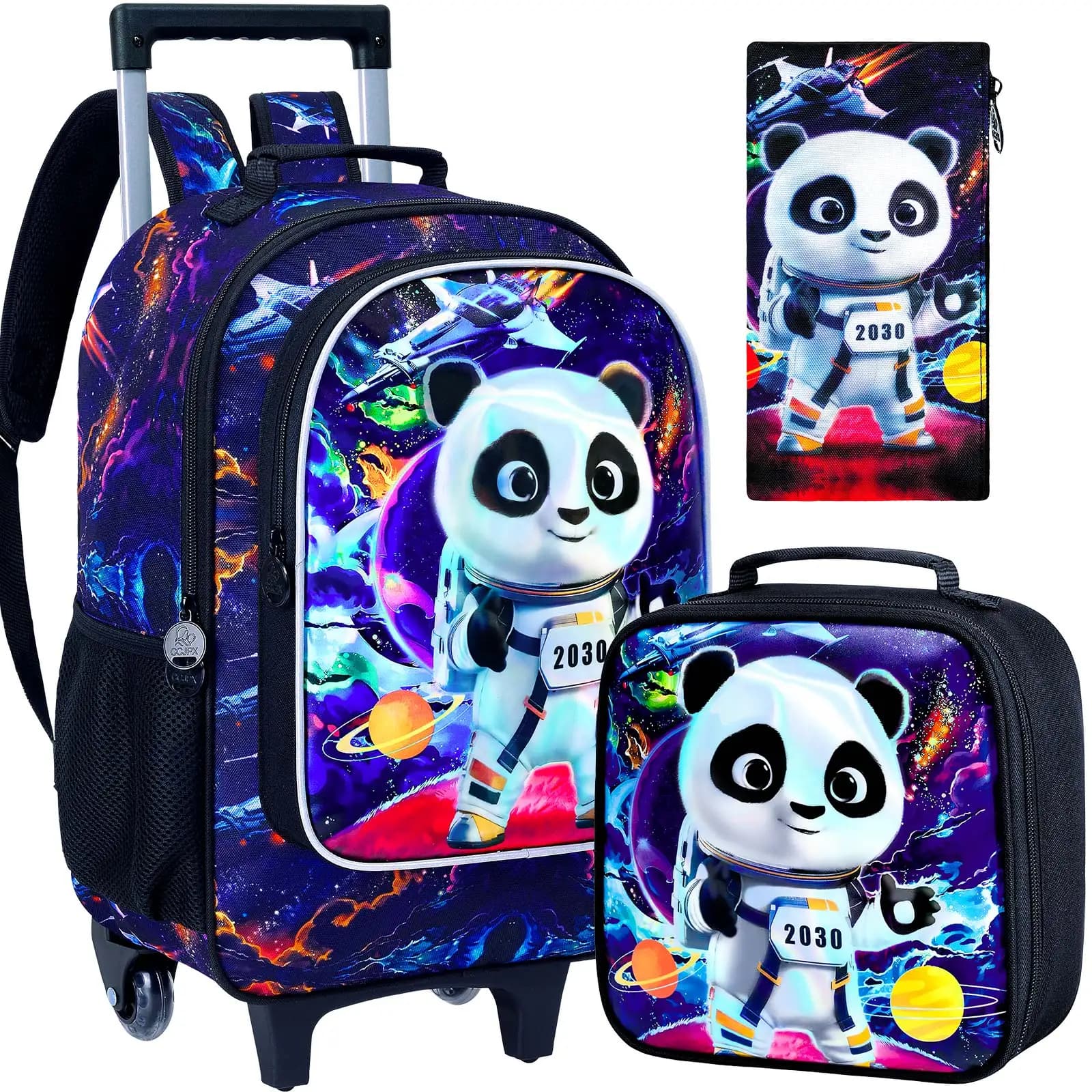 Zaino con panda rotolante per ragazzi, zaino scolastico con ruote a rotelle per bambini con borsa per il pranzo, borsa da scuola con ruote per bambini
