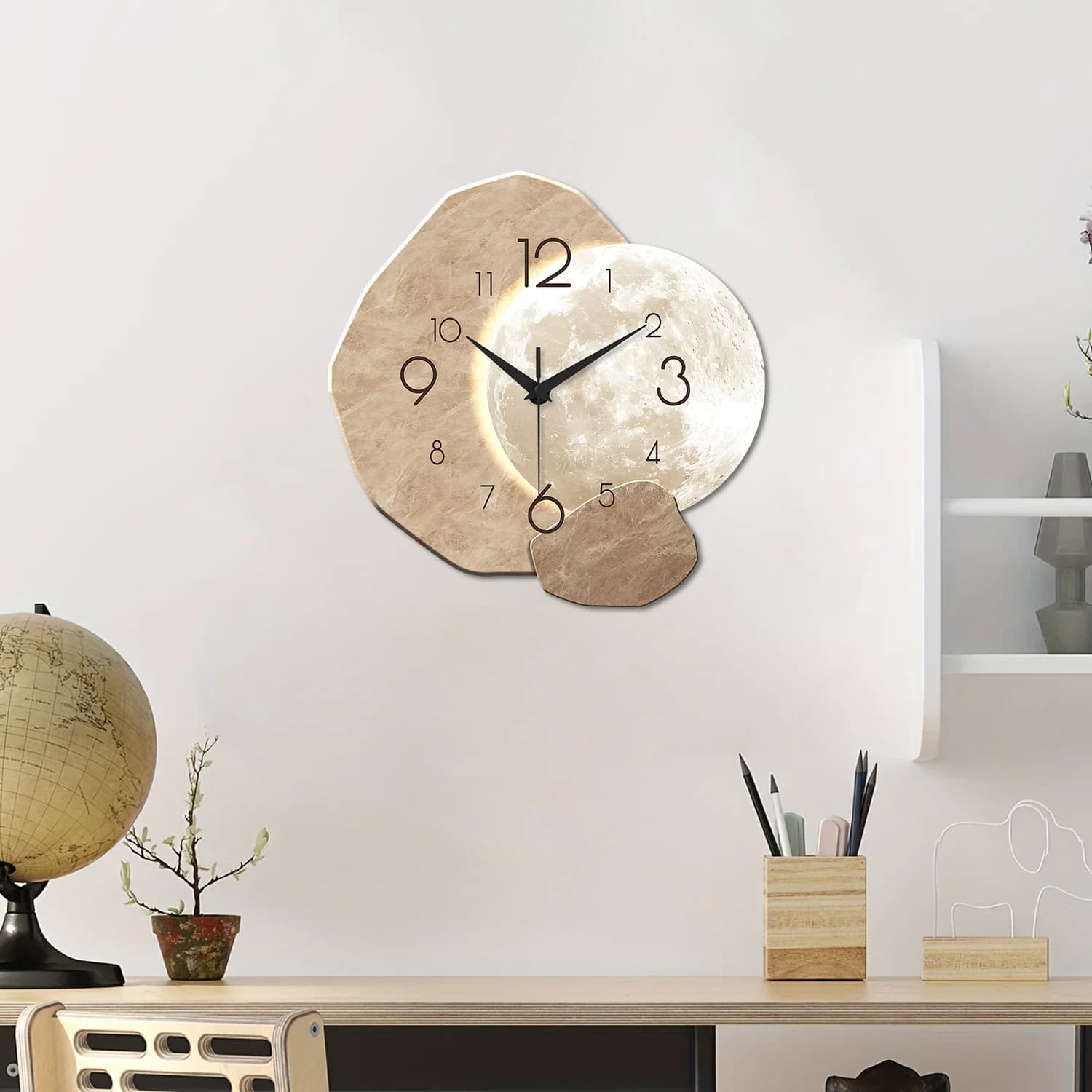 Modern and silent wall clock, moon design - quartz movement, wooden material, for bedroom decoration, living room or office