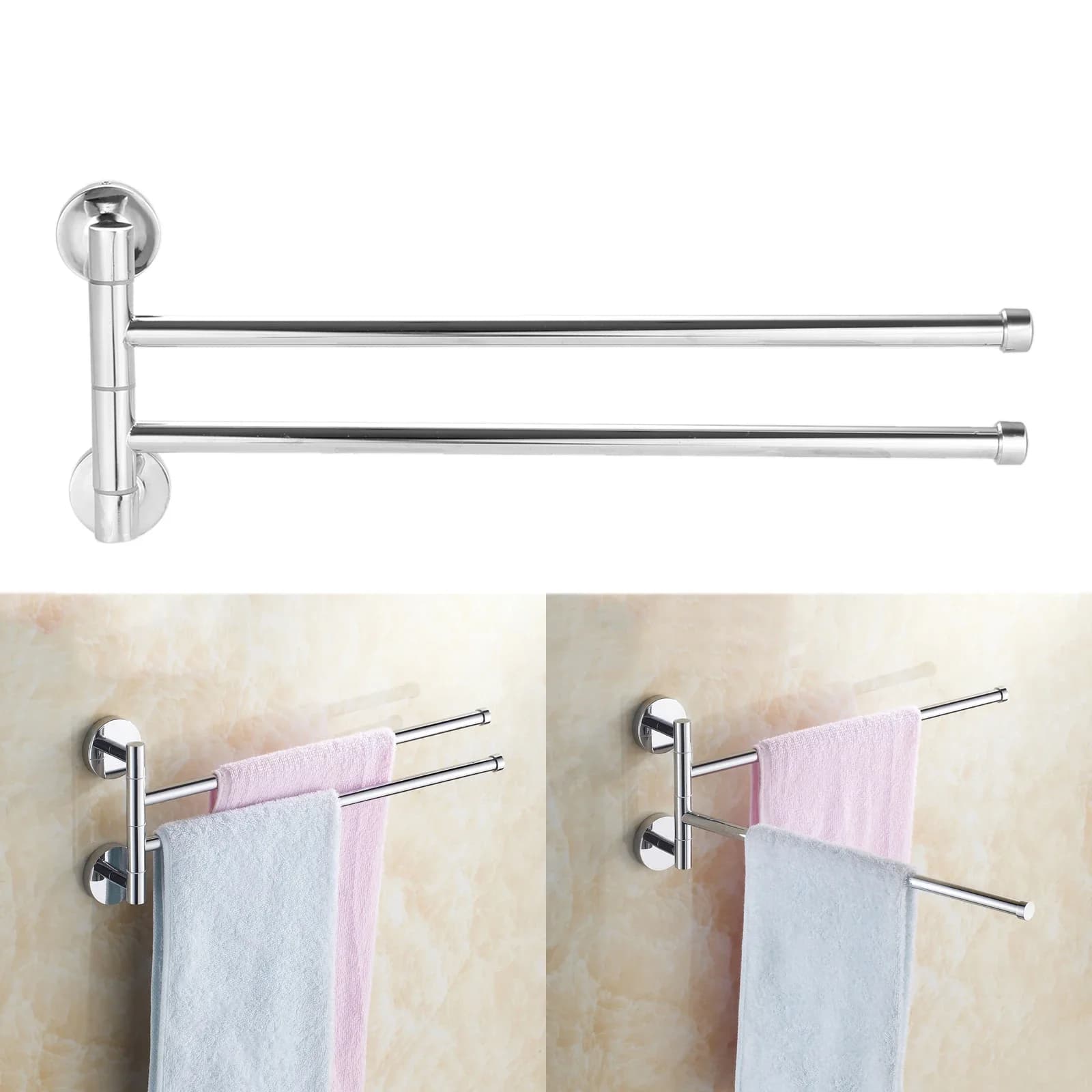 35CM Silver Stainless Steel Wall Mounted Swing Towel Bar Bath Towel Rod Arm Bathroom/Kitchen Hanger Holder Organizer 2 Bar