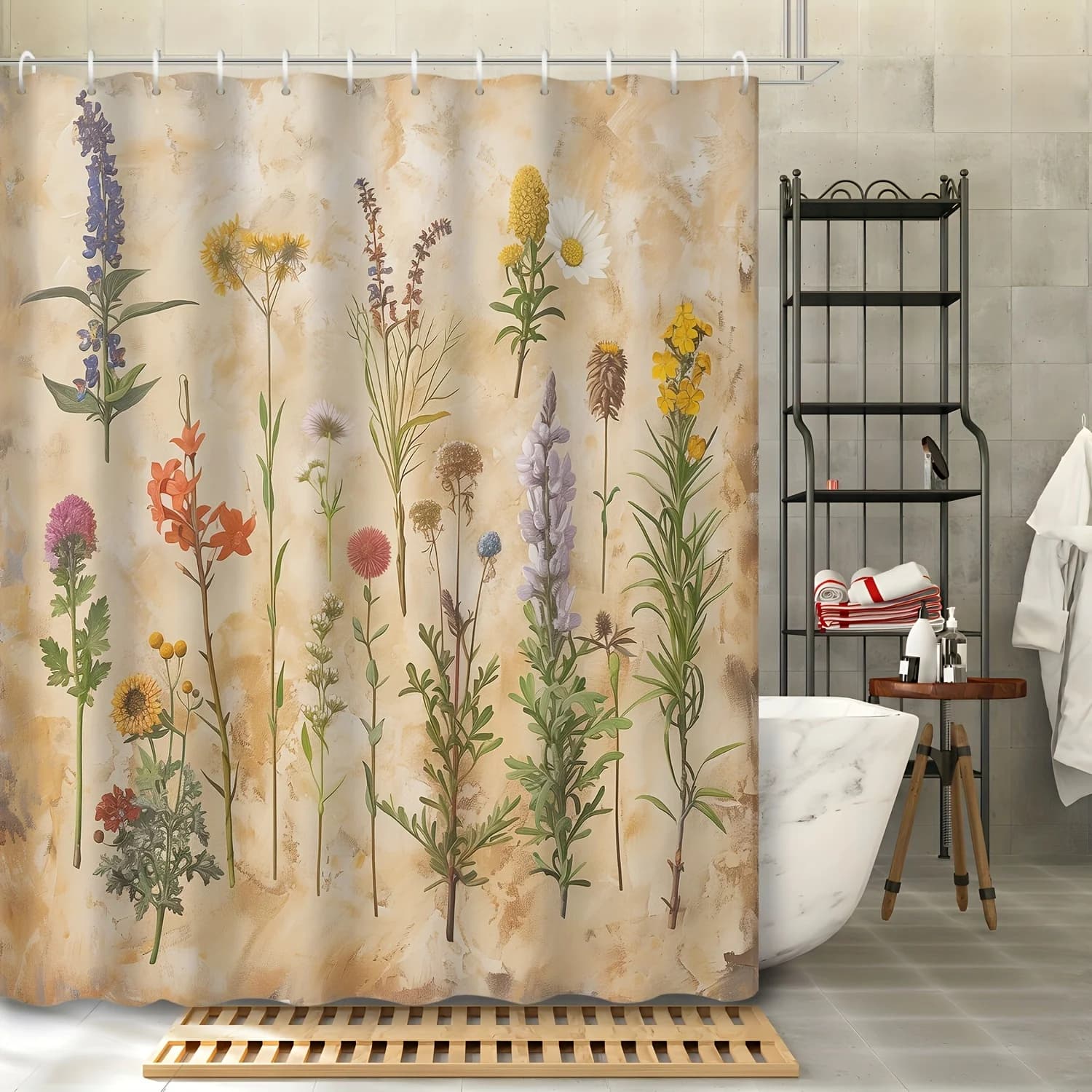 Tenda da doccia floreale vibrante: lavanda, margherita, fiori di campo, resistente all'acqua, repellente per muffa, parte superiore del salamoia, tema vegetale elegante