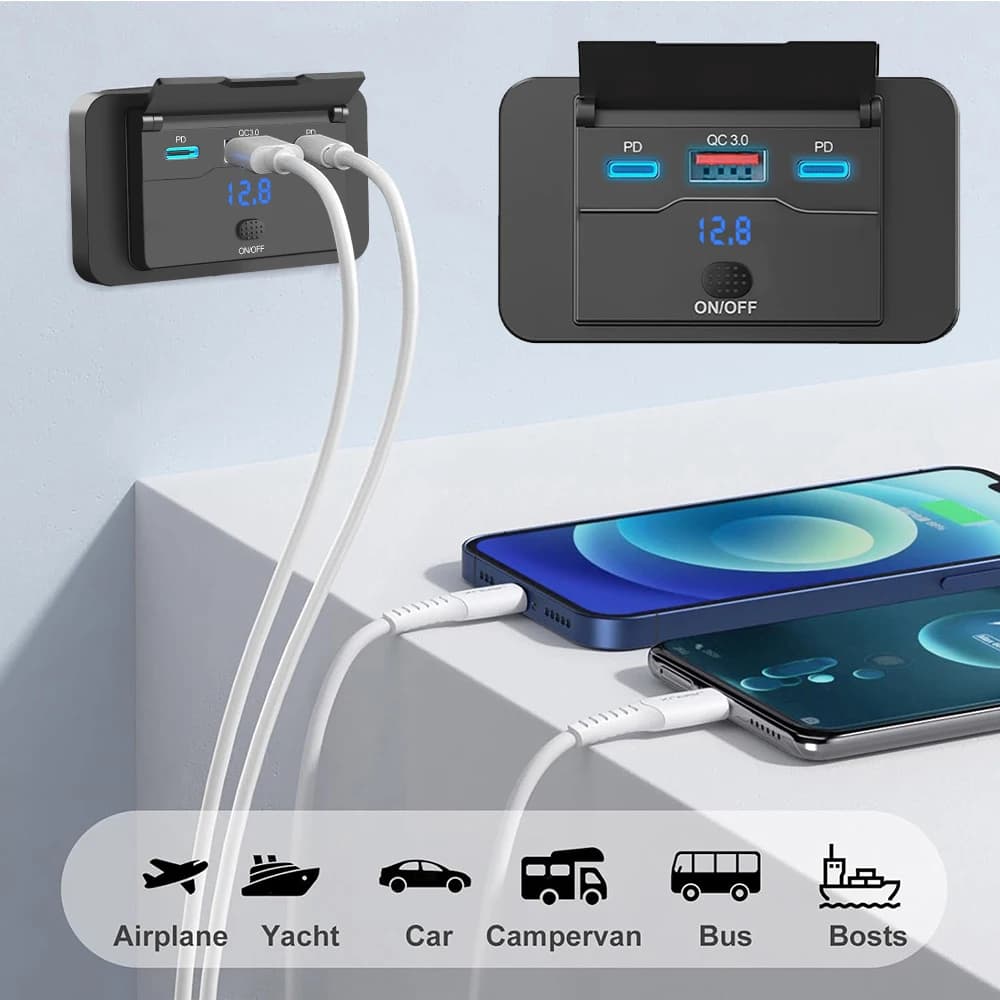12V 24V Car Charger Adapter Adapter with PD QC3.0 Switch Voltage Display 3 Door Charging socket for RV ATV Car Boat