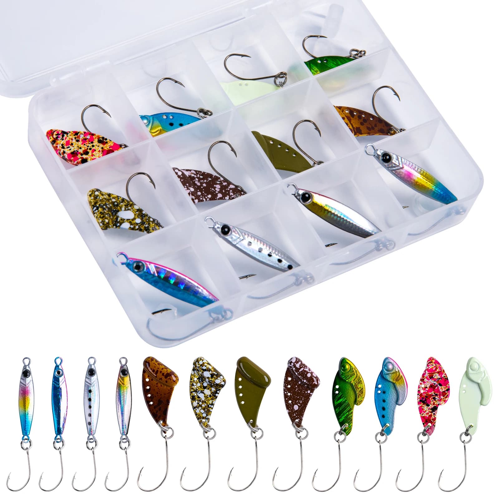 Goture Set of 12 Metallic Esche Luminose for Fishing, Spoon VIB 2.5g-4g with Storage Box, 3D Eyes, Single Love, Fishing Equipment