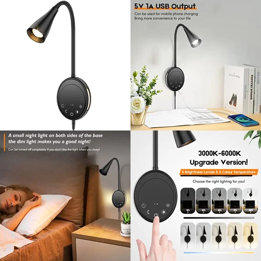 Lampada da Lettura a Parete, Luci per Testata del Letto con 5 Livelli di Dimmerazione e Temperatura Colore, Uscita USB, Luce Notturna e Timer