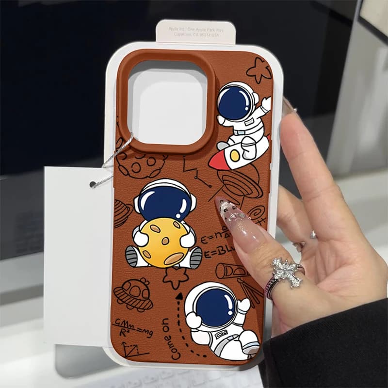 Cartoon Astronaut Phone Case For iPhone 17 Air 16 15 14 Pro Max 14 13 12 17 Pro 11 16e Shockproof Leather Texture TPU Soft Cover