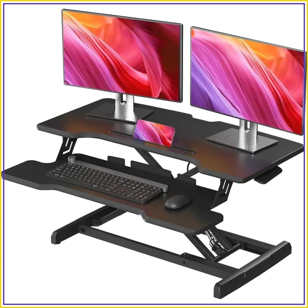 32 inch Standing Desk Converter, Height Adjustable Sit Stand Desk Riser, Dual Monitor Workstation with Keyboard Tray, Black