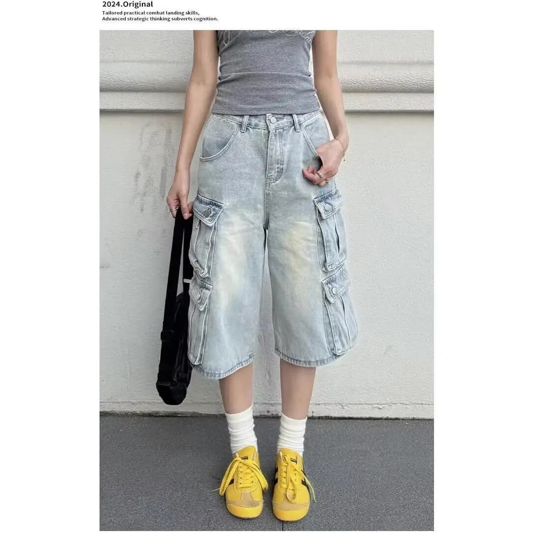 American Style Washed Denim Work Pants Women's Loose Slim Wide Leg Casual Shorts Multi Pocket Casual Jeans for Women