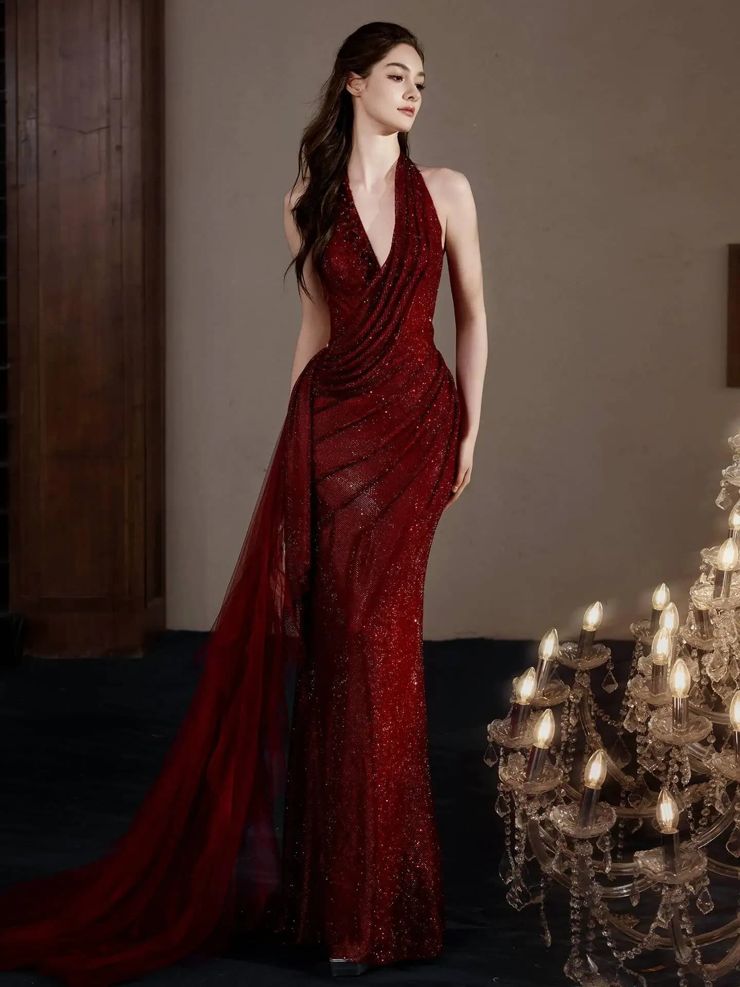 Burgundy Halter Neck Evening Dress, Elegant And Luxurious, Sequined, High-end Fishtail Skirt, Bridal Engagement Party Toast