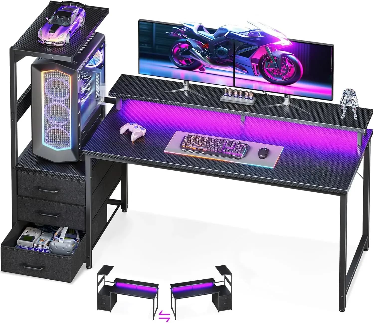 59 Inch Gaming Desk with LED Light- Reversible Computer Desk with Storage Shelves & Monitor Stand