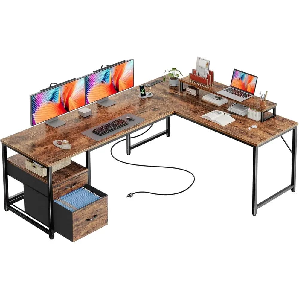 Scrivania a L da 63 Pollici con Prese di Corrente e Porta USB-C, Scrivania per Computer da Casa con Ripiani in Tessuto e Supporto Monitor Mobile
