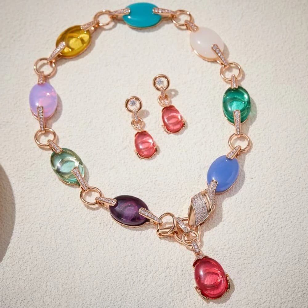 Alta artigianale sintetico grande pietra preziosa colorata acqua dop collane orecchini donne di lusso festa nuovi set di gioielli