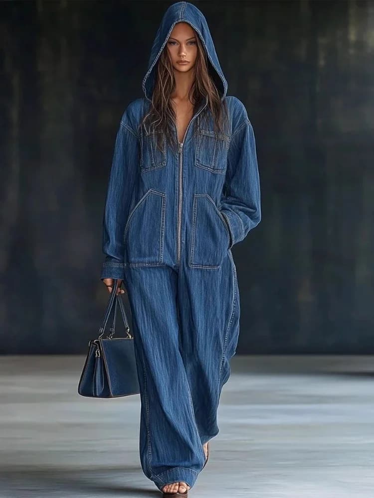 Tute di jeans da donna per l'autunno inverno manica lunga cerniera moda allentata streetwear tuta pantaloni a gamba larga jeans 2025