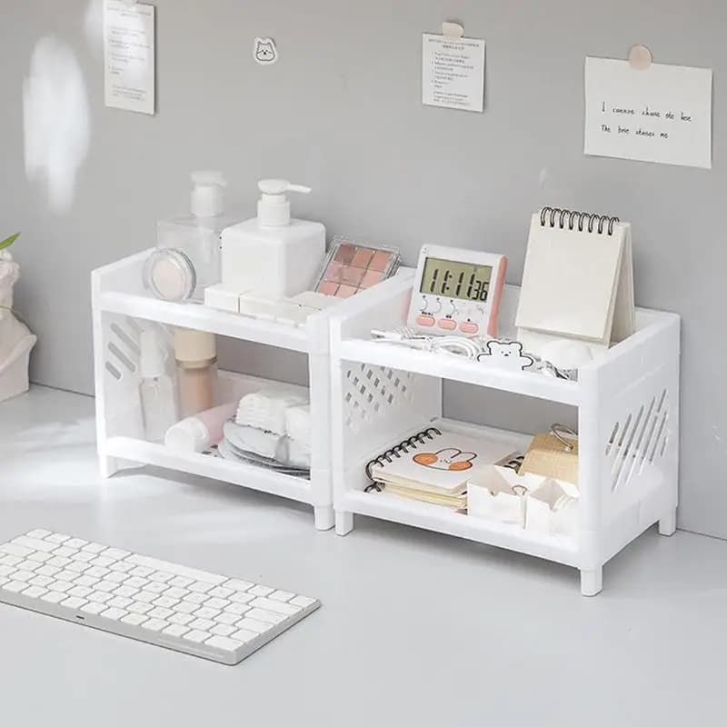 1PC Double-layer PP desk holders, rectangular, white, to arrange student desk, office, cosmetics, stationery items