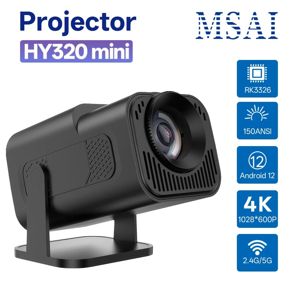 Proiettore Mini MSAI HY320 1080p HD 4K 720P Android 12, 150 ANSI WiFi6 BT5.0, 40-120 Pollici per Uso Interno ed Esterno