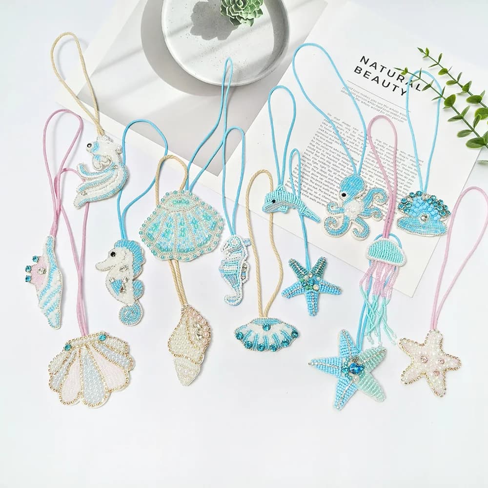 Animali marini appesi corda stella marina portachiavi 3d strass fatti a mano toppe con perline borsa di cristallo decorazione borsa con cordino