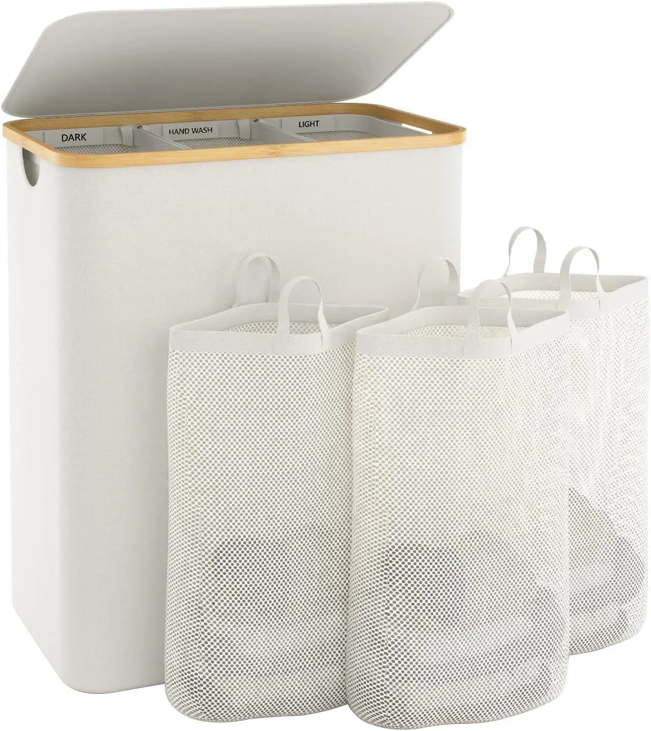 Basket for Bucato Extra Large at 3 Departments with Removable Covers and Bags, Beige Basket for Bedroom and Laundry