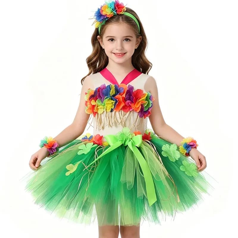 Costumi per spettacoli di danza hula hawaiana per bambine, gonne tutu in tulle con fiori soffici abbinate a top, abiti per feste per bambini