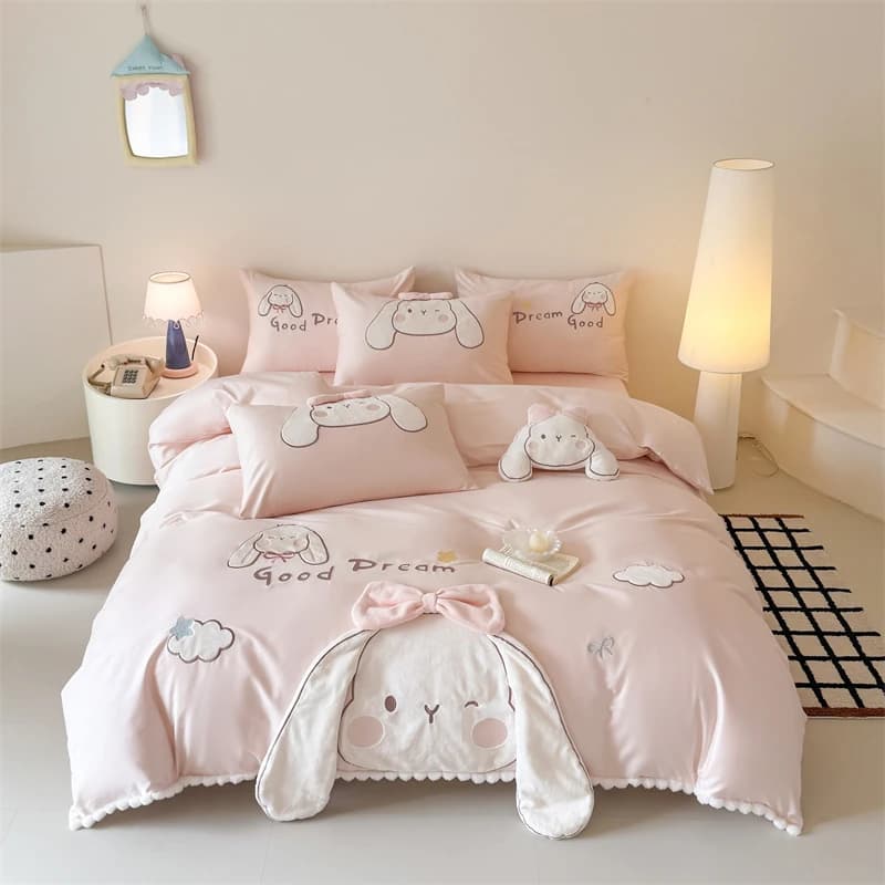 Cute Cartoon Long Ear Rabbit 100% Cotton Bedding Set Applique Embroidery Pink Duvet Cover Pom Pom Fringe Kids Girls Bed Sheet