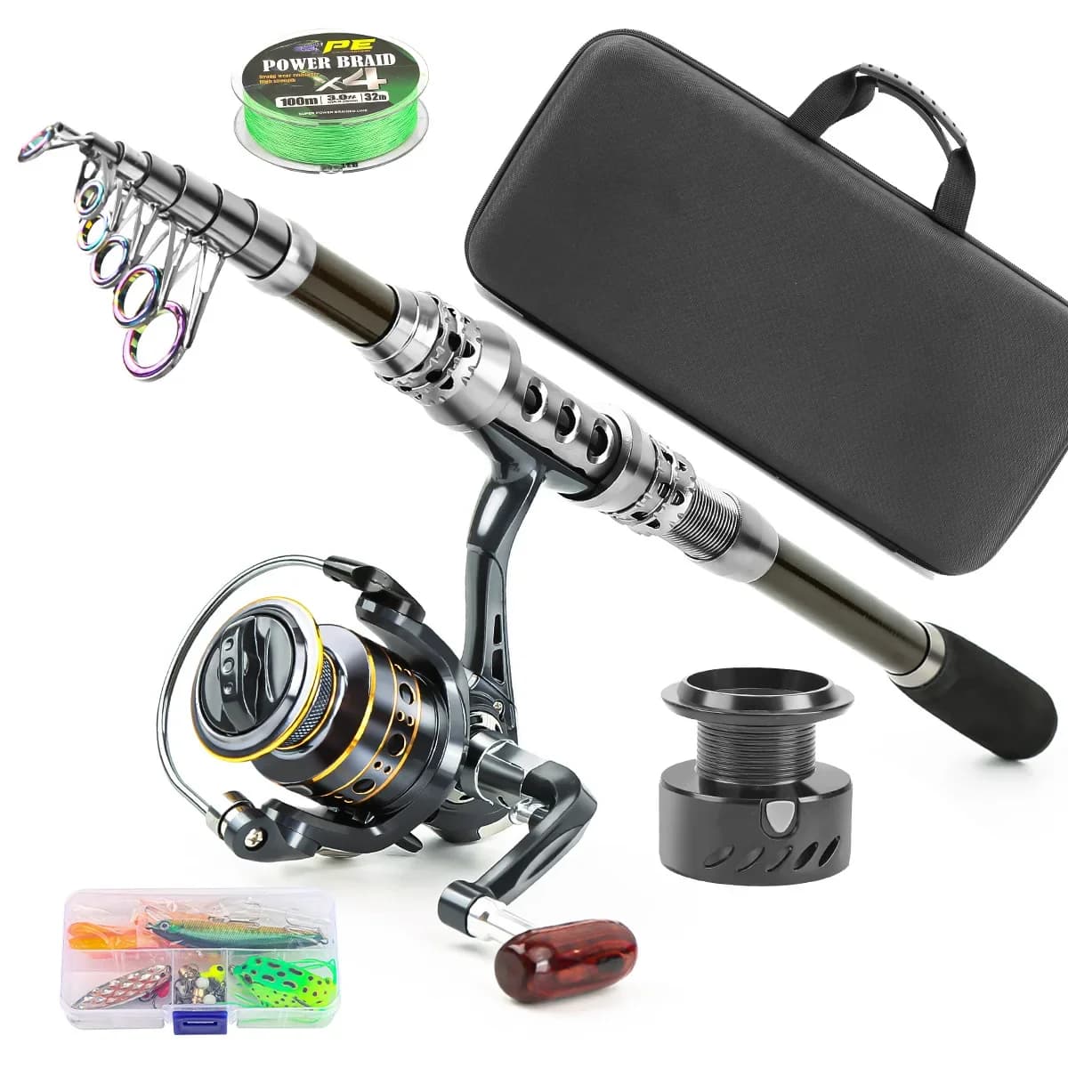 Set Canna da Pesca Telescopica in Fibra di Carbonio e Mulinello Spinning con Manico in EVA per Pesca in Mare e Acqua Dolce