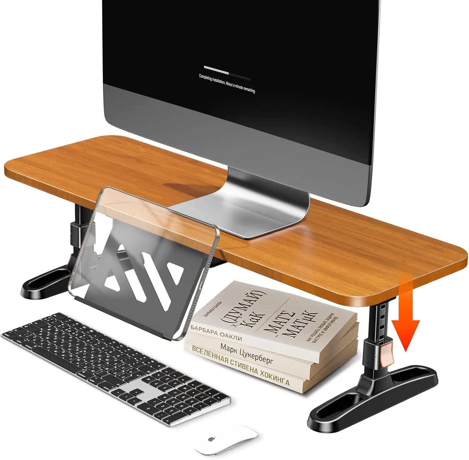 Adjustable Support in Wood for Monitor with Phone Door, Desk Organizer for Office and Home