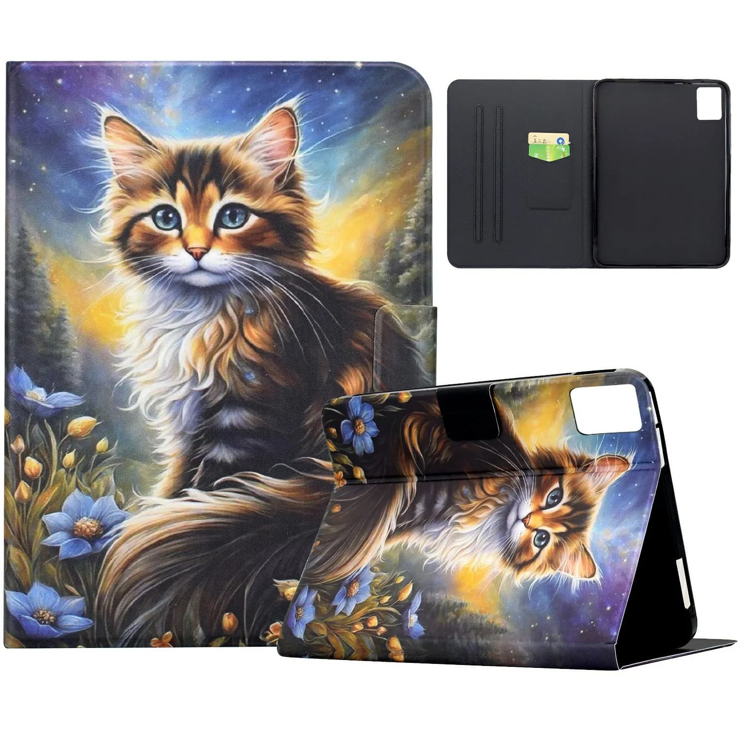 For Lenovo Xiaoxin Pad 11 2025 Case Pattern Printing Stand Leather Tablet Cover with Card Slots - Starry Night Cat