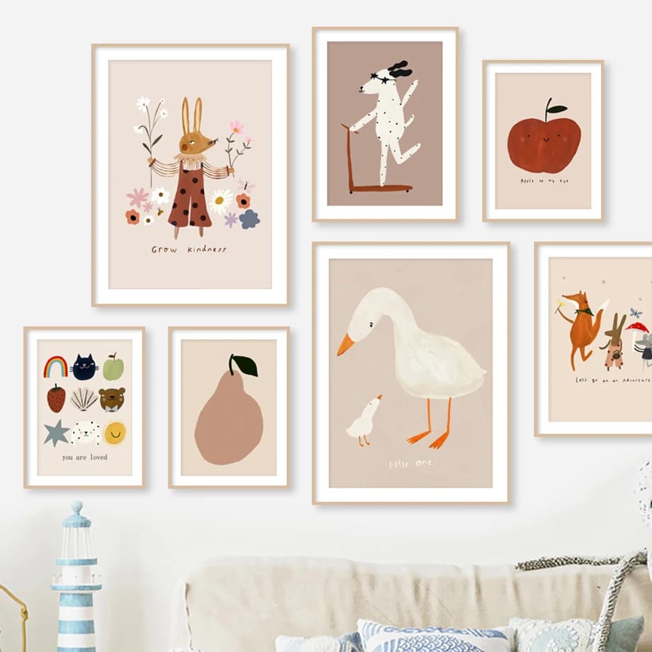 Cane Goose Coniglio Orso Volpe Mouse Fiore di campo Cartoon Poster Wall Art Canvas Painting e stampe Immagini murali Baby Kids Room Decor