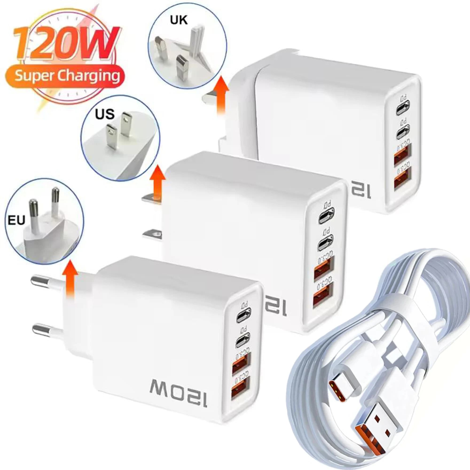 USB C Charger with 4 Ports 120 W PD3.0 Quick Charging Station Data Cable Wall Adapter for iPhone Samsung Xiaomi Redmi Huawei Plug EU USA