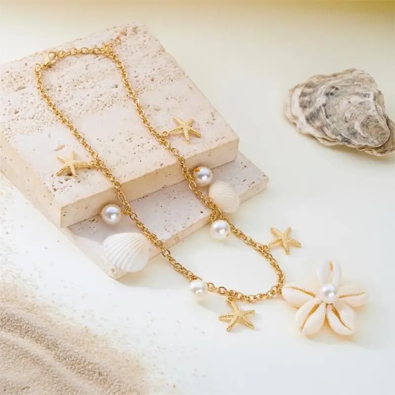 Collana a doppio strato placcata oro Bohemia con conchiglie per donna, ciondolo a forma di stella marina, conchiglia e capasanta, girocollo, accessori gioiello estivi da spiaggia