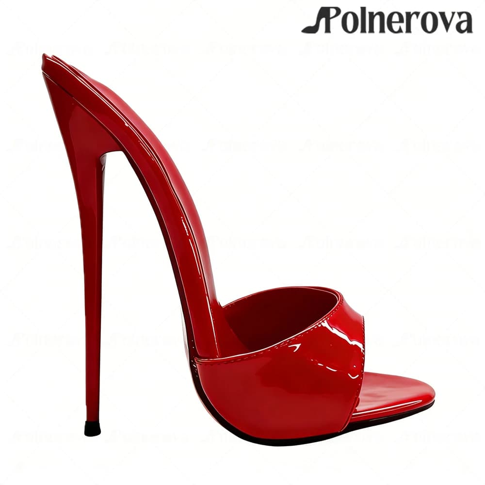 16cm Patent Leather Mules Round Open Toe Stiletto Heels Extremely Lacquered Heel Slip-On Slippers for Women Custom Multi Colors